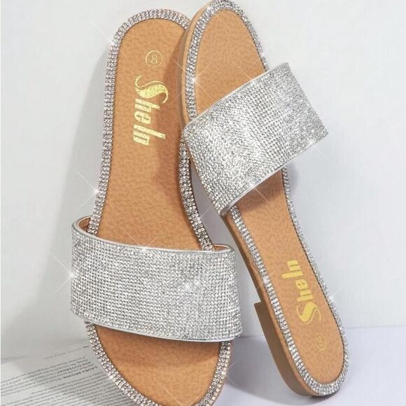 Shein Silver Round Toe Rhinestone Flat Sandals - Picture 2 of 12